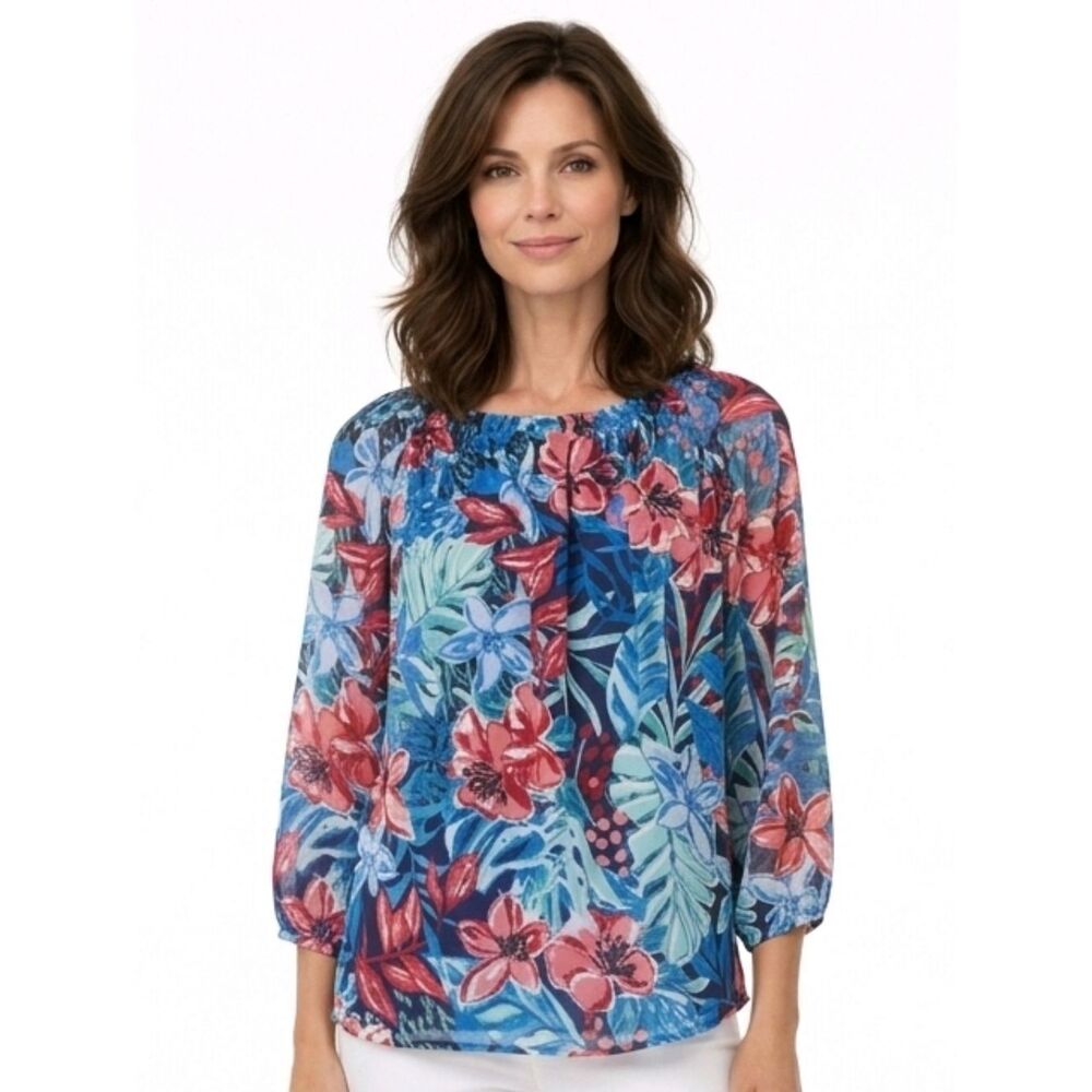 Jones New York Multi Color Floral Printed Smocked-Neck Blouse Size LP - Picture 1 of 10